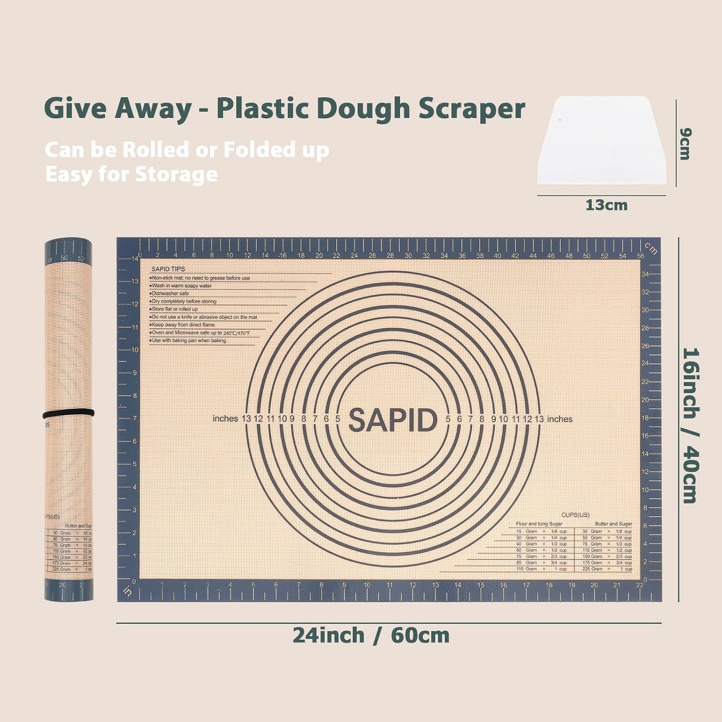 Non Slip Silicone Pastry Mat Large Non-stick Baking Mat for Dough Rolling | With Measurements for Pie Crust, Pastry Roll Out, Cookies, Bread and Silicon Kneading Mat (16" x 24", Gray)