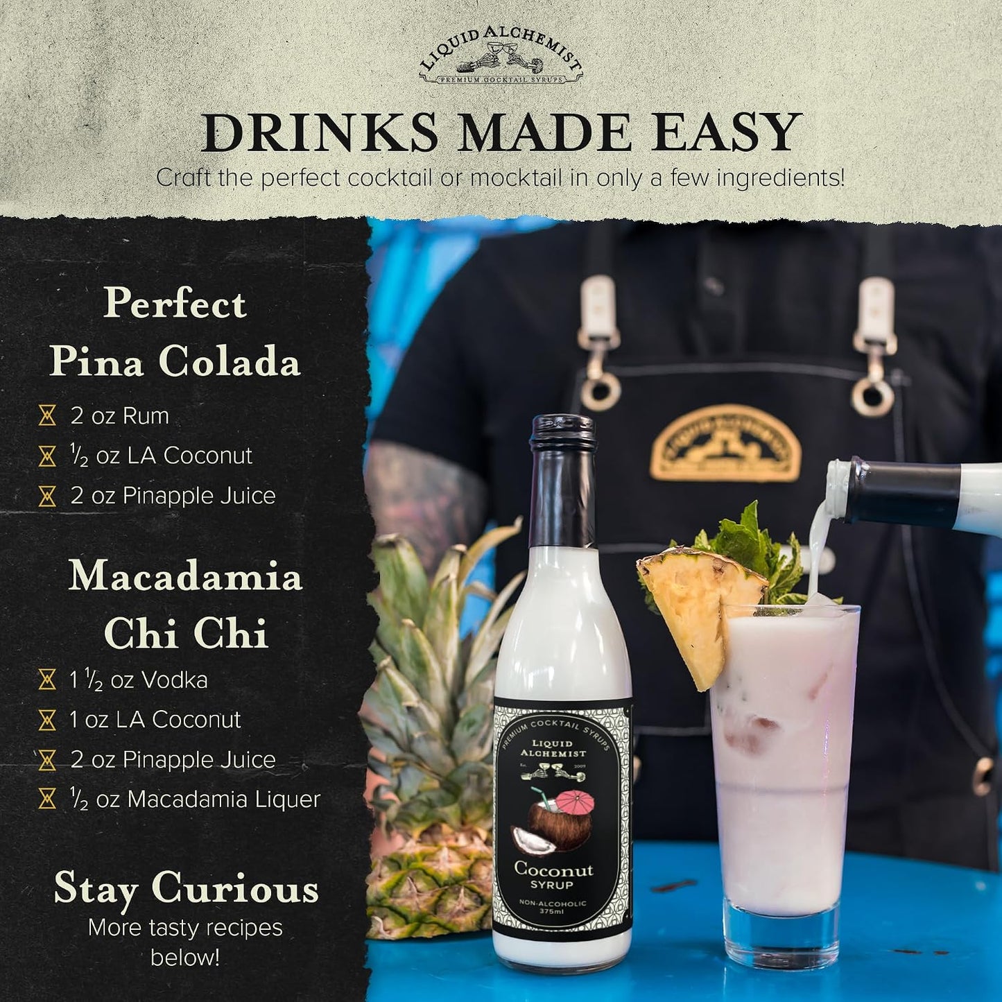Liquid Alchemist Coconut Syrup for Cocktails | Real Ingredients Make our Coconut Syrup for Drinks a Perfect Pina Colada Mixer | Small Batch, Non-GMO &amp; Vegan | 25.4 Oz Drink Mixer, Pack of 1
