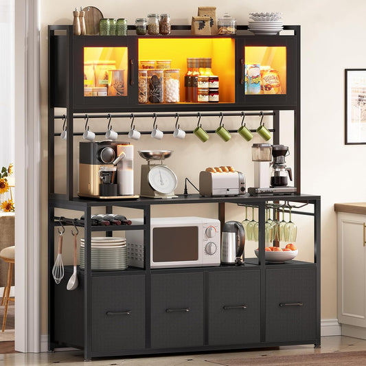 Itaar Bakers Rack with Power Outlet and LED Light, 47.2'' Microwave Stand with Storage, Kitchen Coffee Bar Cabinet with