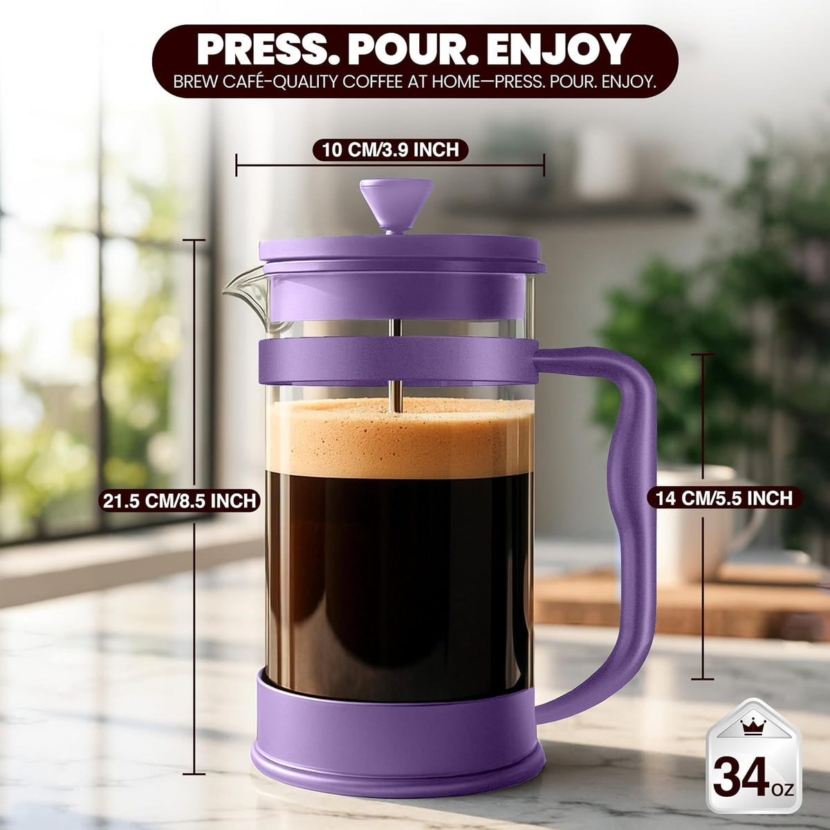 Utopia Kitchen 34 Ounce 1 Liter French Press Coffee Maker, Tea Maker, Travel Coffee Presses, Heat Resistant Thickened Borosilicate Coffee Pot for Camping Travel Gifts, Plum Pack of 1