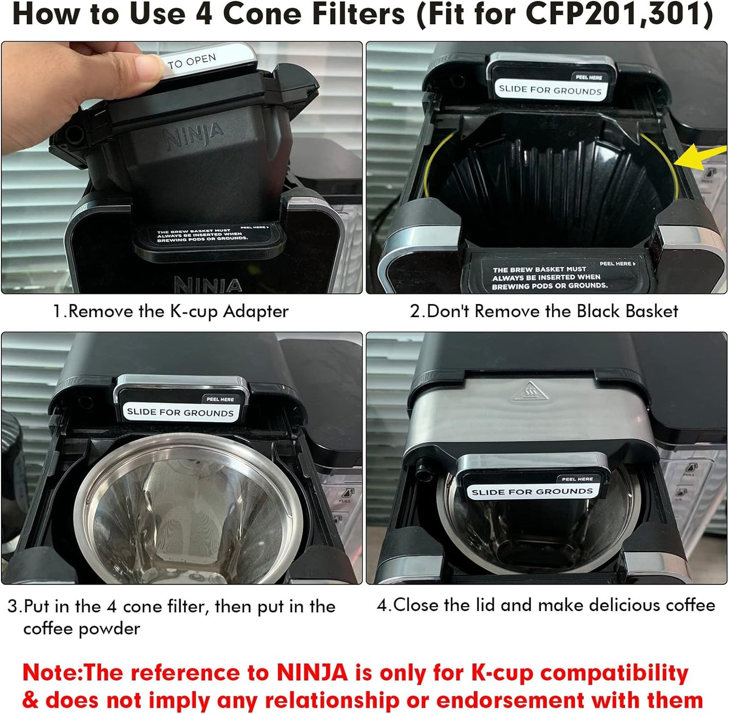 Stainless Steel Reusable Coffee Filter Compatible with Coffee Maker, Reusable Coffee Pods with 4 Cone Coffee Filters, Reusable Coffee Filters for Ninja CFP201 CFP300 CFP301 CFP307