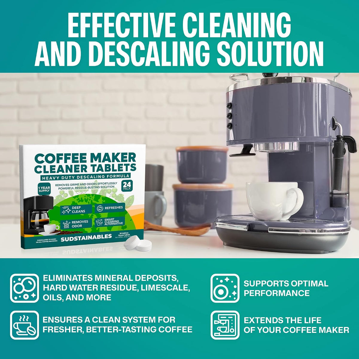 Sudstainables Coffee Maker Cleaner Tablets, Descaler, 24 Count | Removes limescale, coffee oils and stains. Compatible with Keurig, Nespresso, Breville and espresso machines.