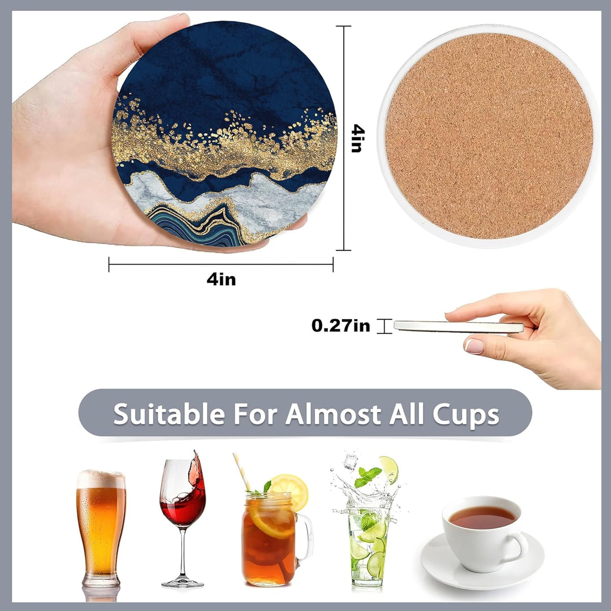 6 Pcs Coasters for Drinks with Holder,Blue Gold Marble Absorbent Coaster with Cork Backing,Great Gift for Housewarming,Room Decor,Bar,Holiday Party