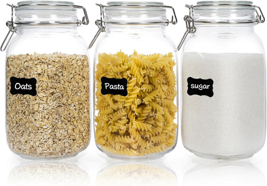 CHEFSTORY 50oz Airtight Glass Jars with Lids, 3 PCS Food Storage Canister for Kitchen & Pantry Organization, Square Mason