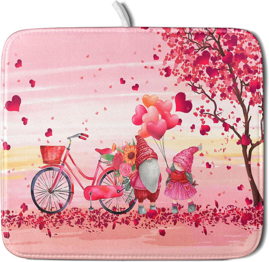 Pink Heart Valentine's Day Gnomes Dish Drying Mat for Kitchen Counter,Pink Bicycle Love Tree Drying Mat 16 x 18 Inch with