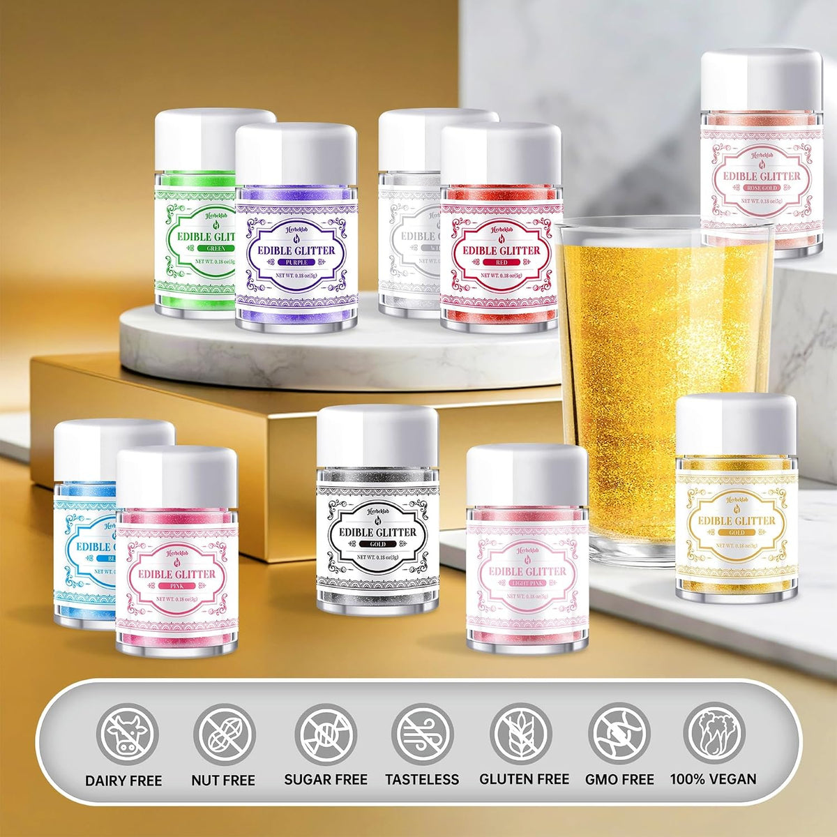 Edible Glitter for Drinks – 14 Colors Luster Dust, Food Grade Cocktail Shimmer Powder for Cakes, Beverages, Chocolate &amp; Candy, 5g/Bottle
