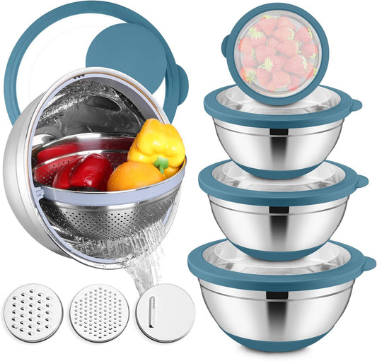 E-far Mixing Bowls with Lids Set, 15PCS Stainless Steel Mixing Nesting Bowls with Colander and 3 Metal Graters for Kitchen,