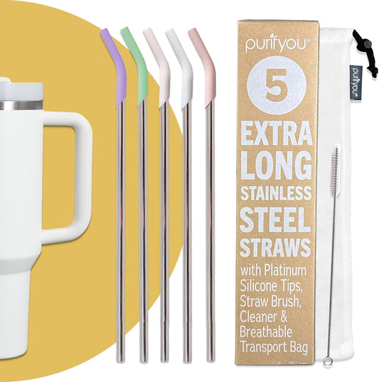 purifyou 14.5" Stainless Steel Straws with Pastel Colored Silicone Tips, Extra Long & Wide Reusable Metal Straws for