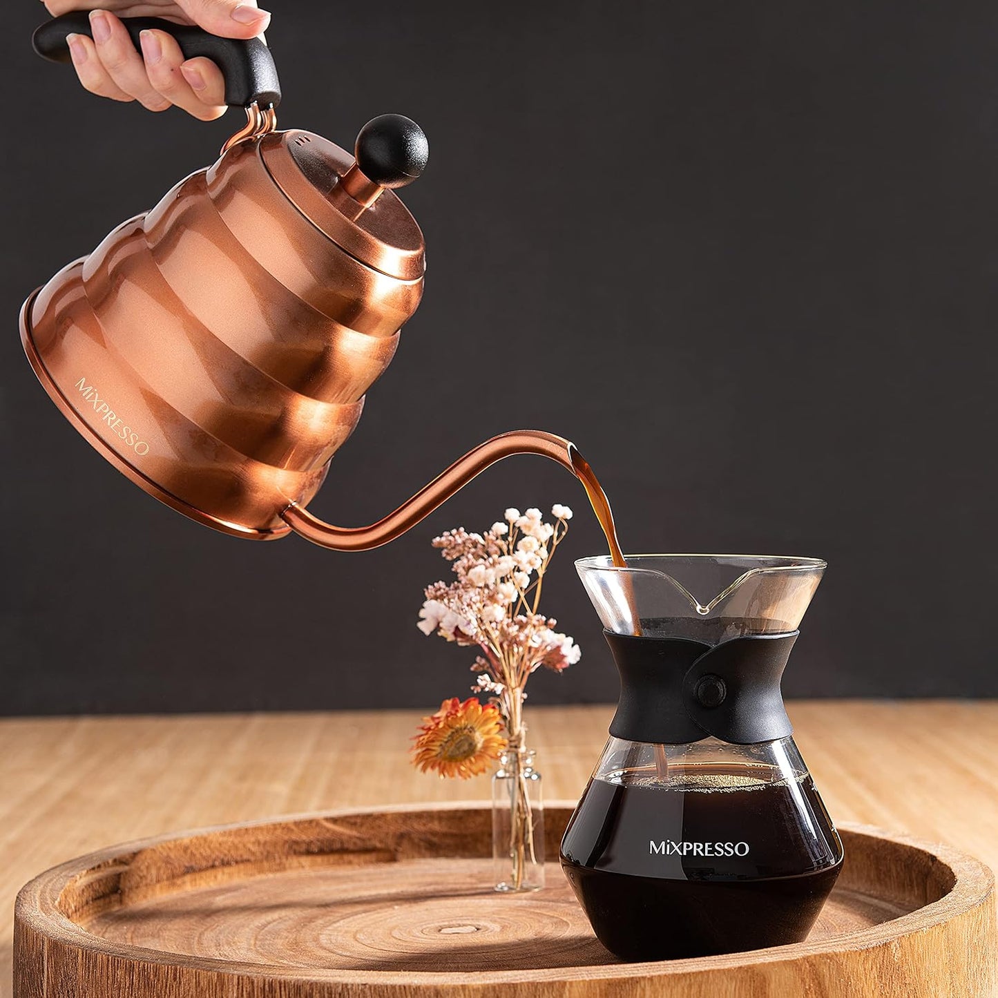 Mixpresso Pour Over Coffee Maker, Glass Carafe with Coffee Dripper, 13.5 Oz | Reusable Stainless Steel Filter with Protective Silicone Sleeve for Manual Pour Over Coffee Brewing, Easy to Clean