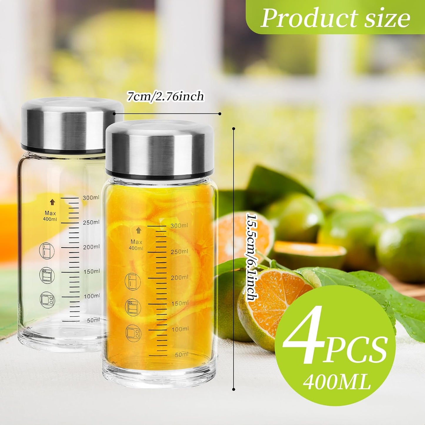 souG 4 Pack 14oz Juice Bottles，Wide Mouth Glass Water Bottles with Lids - for Juicing, Smoothies, Milk, Protein, BPA Free, Reusable, Stainless Steel Lids, Leak Proof, Shaker bottle (14oz/400ml)