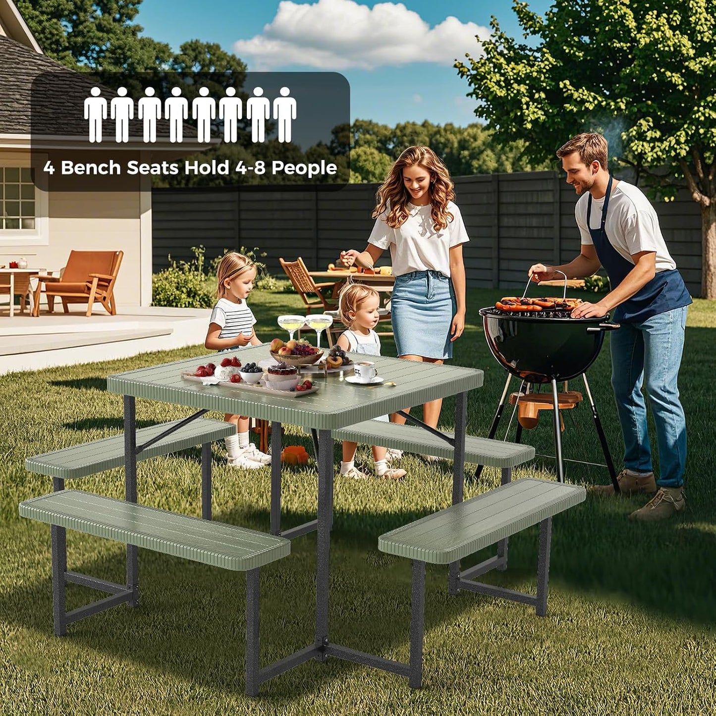 Giantex Picnic Table Bench Set for 4-8 People, 34" Outdoor Square Dining Table & 2 Benches w/Umbrella Hole, HDPE Tableto