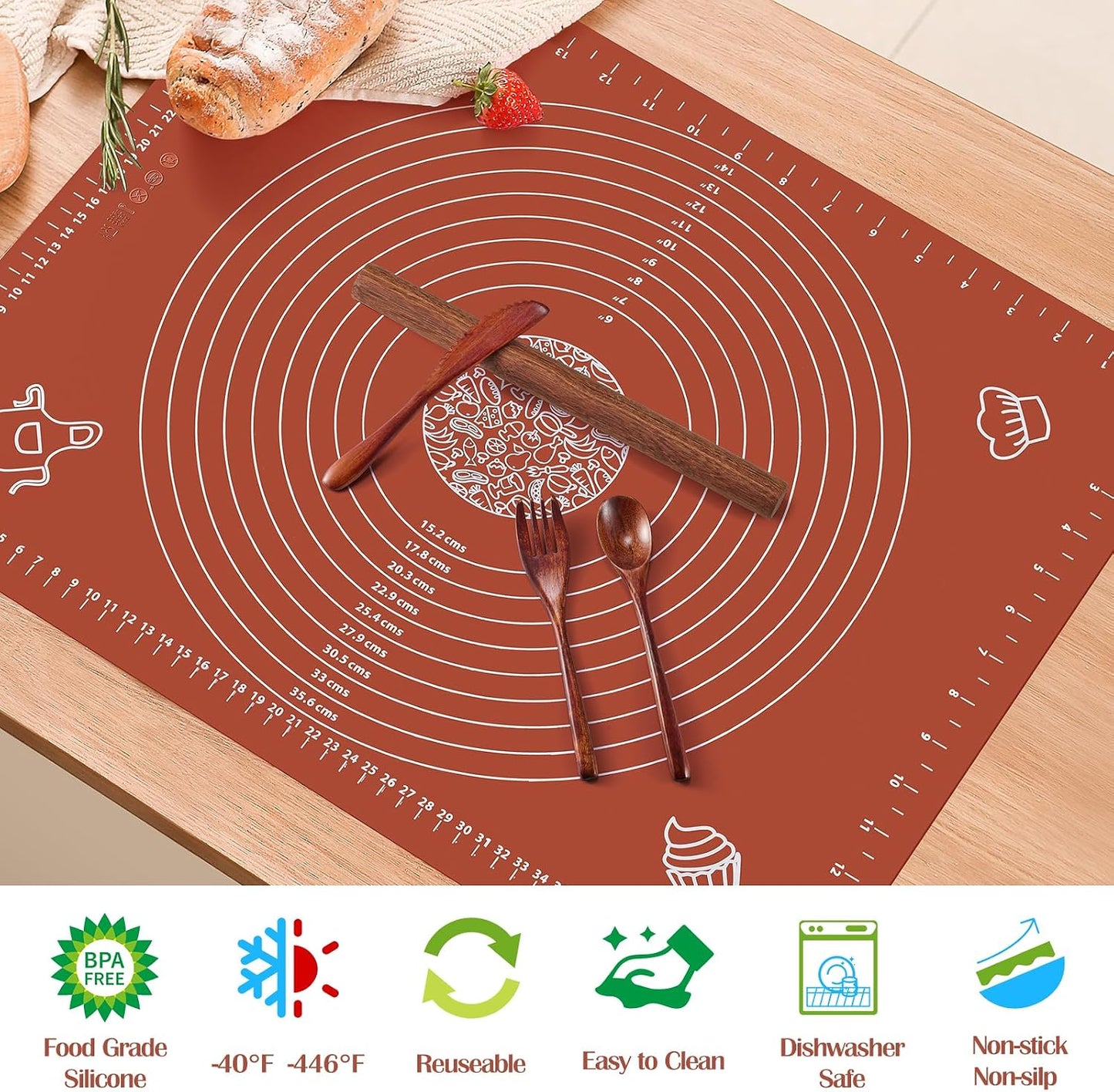 6PCS Silicone Baking Mat Set, Pastry Mat with Measurements Wooden Rolling Pin/Knife/Fork/Spoon/Scraper, Pasta Cutter,Non-slip Silicone Mat, Non-Stick Dough Mat for Counter,Kneading Mat Set,28''*20''