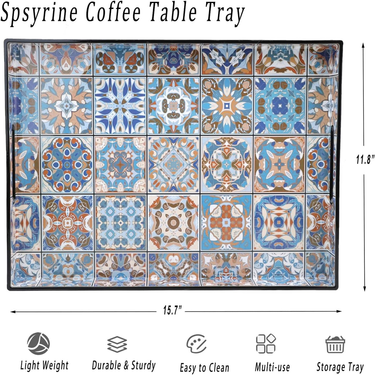 Spsyrine Serving Tray with Handles, Plastic Decorative Tray for Coffee Table, Living Room, Home Decor,Boho