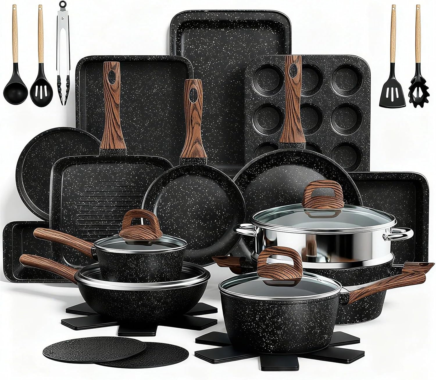 Pots and Pans Set Non Stick, 31 Piece Kitchen Induction Cookware & Bakeware Set, Nonstick Kitchen Cooking Pans Set with