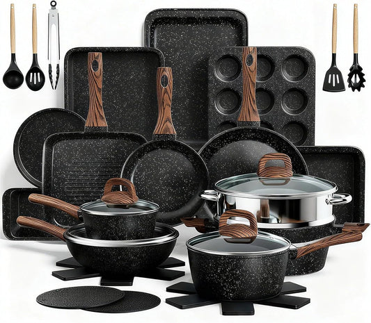 Pots and Pans Set Non Stick, 31 Piece Kitchen Induction Cookware & Bakeware Set, Nonstick Kitchen Cooking Pans Set with