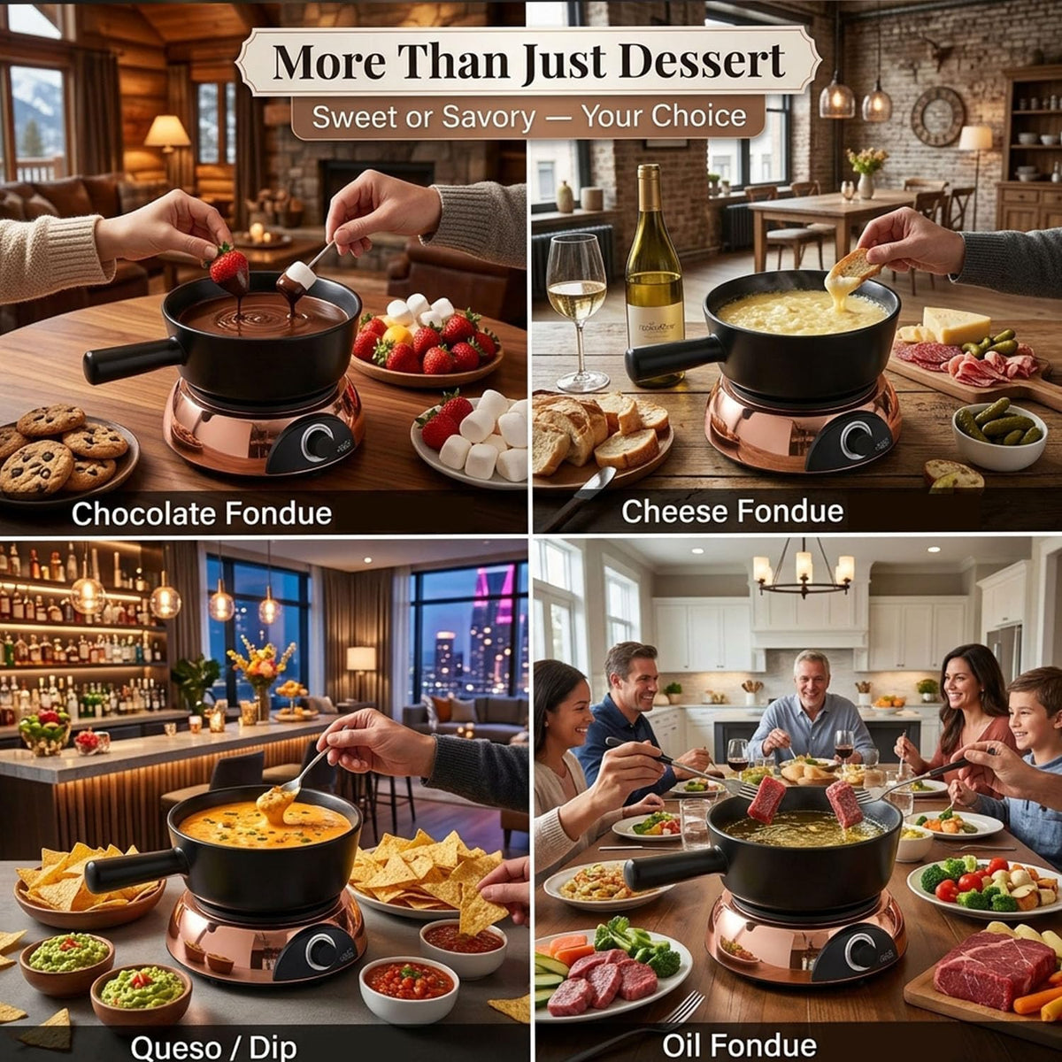 Artestia Swiss Design 2-QT Electric Fondue Pot for Meat, 1500W Ceramic Chocolate Melting Pot with Adjustable Temperature, 6 Fondue Forks, White Ceramic Pot with Rose-Gold Base (Black)