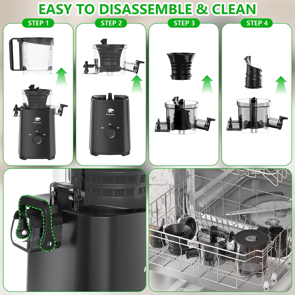 Cold Press Juicer, Masticating Slow Juicers, 6.5" Extra Large Feed Chute Juicers Machines, 350W Juicer Machines with High Juice Yield for Whole Vegetables & Fruits, BPA Free, Black, Easy to Clean