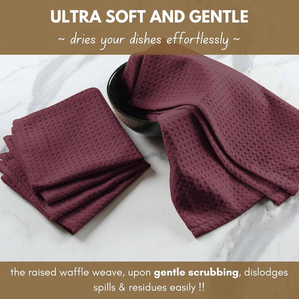 Native Fab Waffle 12 Pack Dish Cloths - 100% Cotton, Absorbent, Quick Dry, Washable Towels for Cleaning, Cooking &amp; Drying Dishes - Perfect for Home, Restaurants, Bars, Cafes - 12"x12" - Burgundy