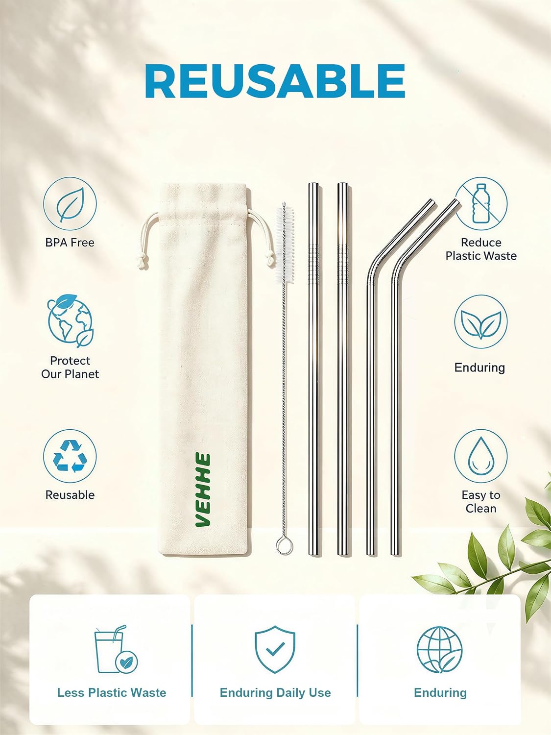 VEHHE Metal Straws, Stainless Steel Reusable Straws Set (2 Straight|2 Bent)