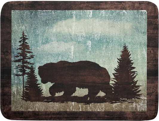 Retro Brown Bear Forest Cabin Dish Drying Mat Countertop 18x24 Fall Blue Sky Cloud Cartoon Wild Animal Bushes Drainer Mat