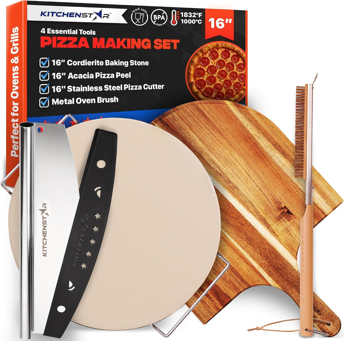 Pizza Stone Set for Oven and Grill – 16 Inch Cordierite Baking Stone, 1800°F Resistant, 6-Piece Kit with Acacia Wood Pizza Peel, Cutter Rocker, Steel Rack &amp; Cleaning Brush