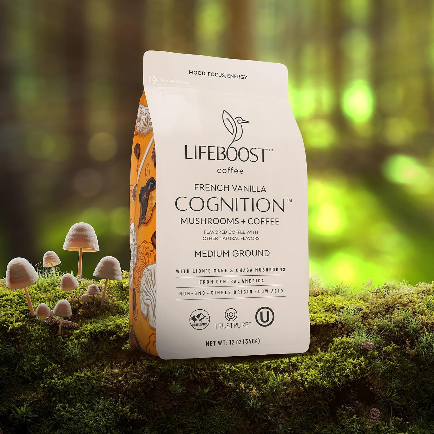 Lifeboost French Vanilla Cognition Mushroom Coffee - Low Acid Medium Organic Coffee with Nootropic Lions Mane &amp; Chaga Mushrooms - Increase Energy, Boost Focus &amp; Immune Support - 12 oz Bag - Ground