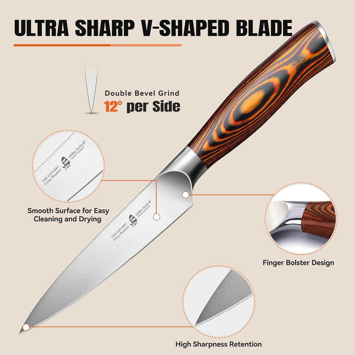 TUO Utility Knife, 5 inch Small Kitchen Knife for Paring &amp; Slicing, with Ergonomic Pakkawood Handle, High Carbon German Stainless Steel - Fiery Phoenix Series