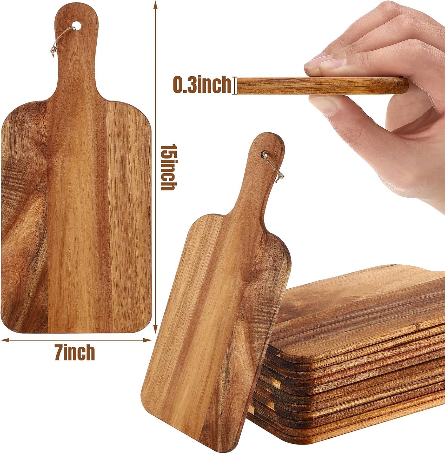 Patelai 12 Packs Acacia Wooden Cutting Board Set with Handles Large 15 x 7 Inch Kitchen Serving Plain Chopping Board Bulk Gifts for Christmas Vegetables Meat Pizza Cheese Fruit Bread