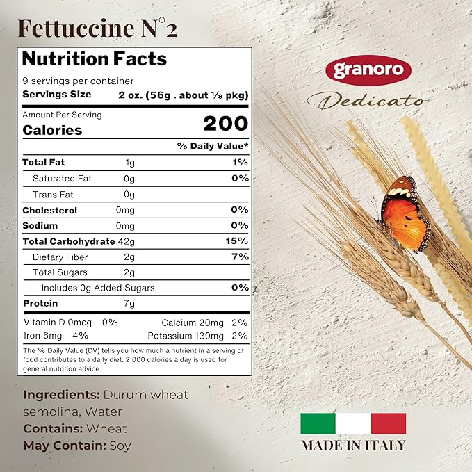 Granoro Dedicato Fettuccine #2- Authentic Italian Pasta, Made from 100% Puglia Durum Wheat Semolina, Non-GMO, Vegan, 1 lb Bags (Pack of 2)