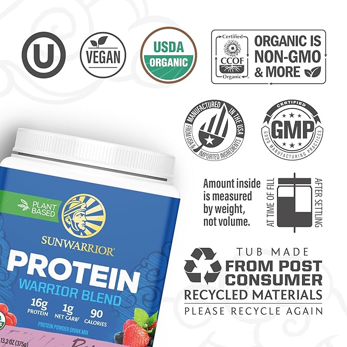 Vegan Protein Powder with BCAA | Organic Hemp Seed Protein Gluten Free Non-GMO Dairy Free Soy Sugar Free Low Carb Plant Based Protein Powder | Berry 15 SRV 375 G | Warrior Blend by Sunwarrior