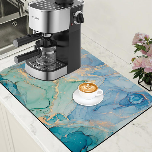 Turquoise and Blue Marble Coffee Mat Absorbent Dish Drying Mat for Kitchen Counter Hide Stain Rubber Backed Coffee Bar