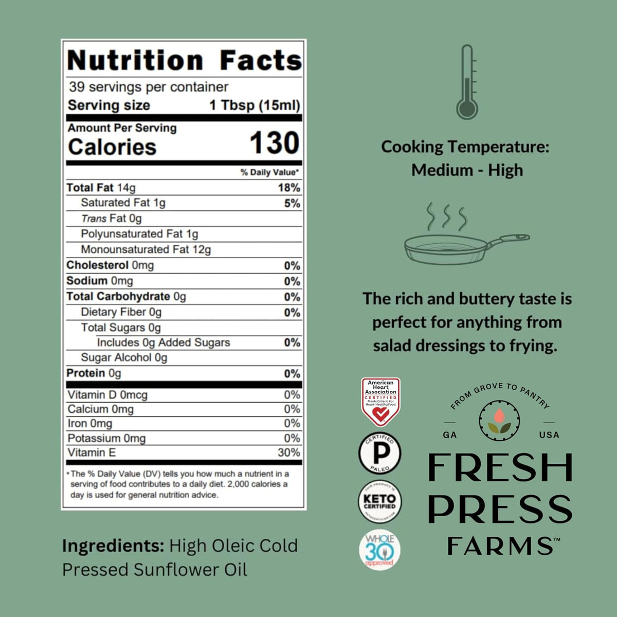 Fresh Press Farms Cold Pressed Extra Virgin Sunflower Oil, 16.4oz (2-Pack) | Extra Virgin Sunflower Oil, Georgia Grown, 100% American Made, Unrefined, Certified Whole30, Non GMO, Keto, Paleo