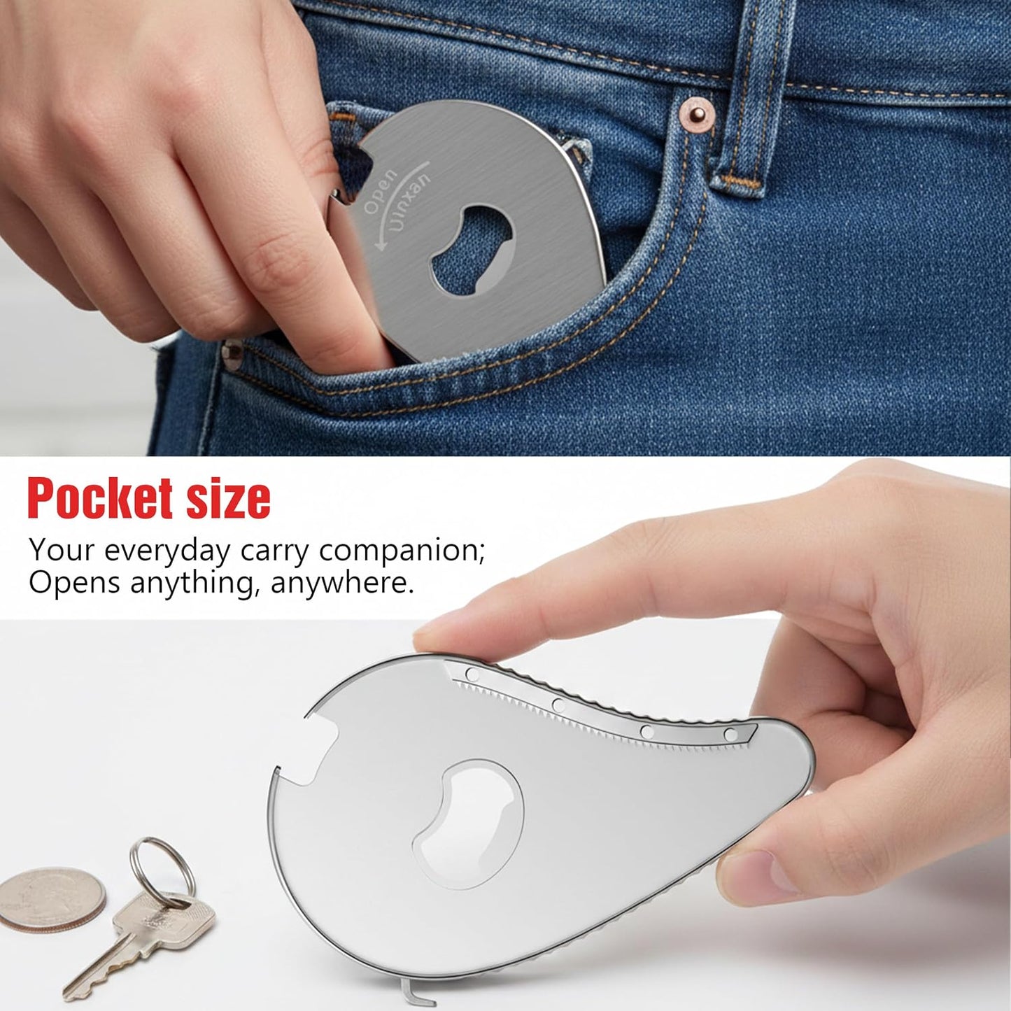 Uinxan 5 in 1 Bottle Opener for Small Jar Lid, Beer, Can Tab, Vacuum Seals | Effortlessly Opens Screw Caps(0.6"-2.7"), Stainless Steel Multi Portable Tool,Ideal for Seniors &amp; Weak Hands (Silver)