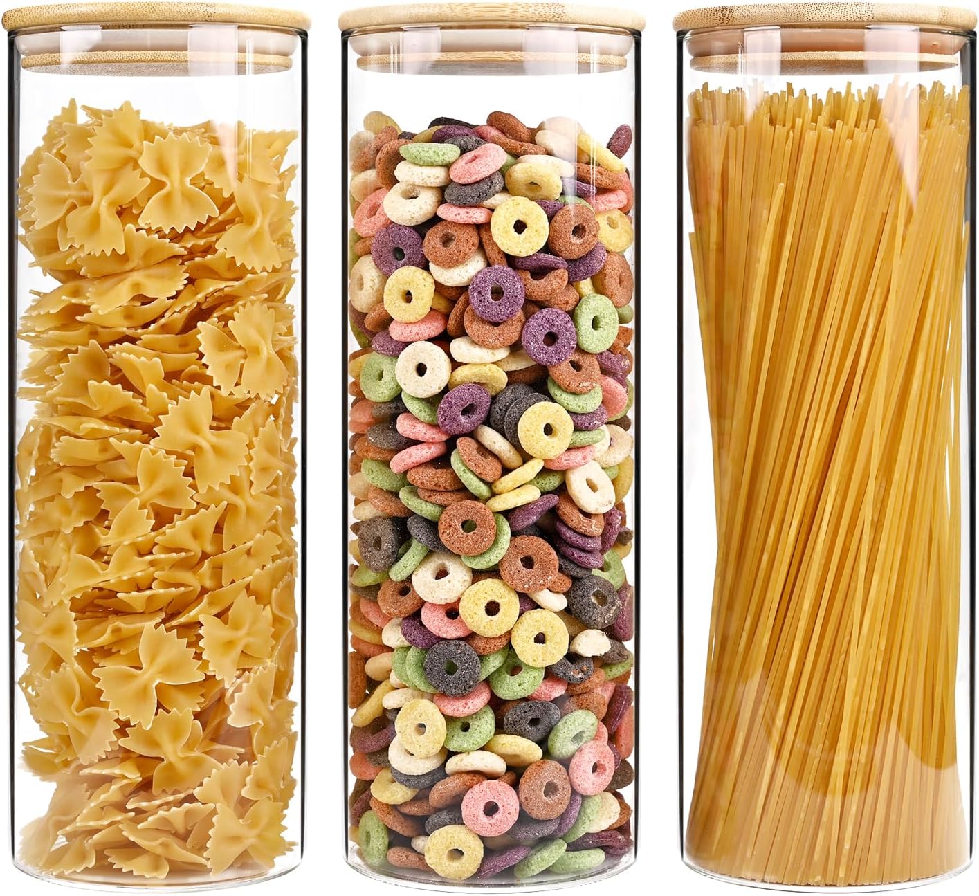 SHOWIN 73oz Glass Pasta Storage Jars, Tall Glass Jars with Bamboo Lids, Spaghetti Container, Set of 3, Kitchen Storage Containers for Pasta, Pantry Organizers
