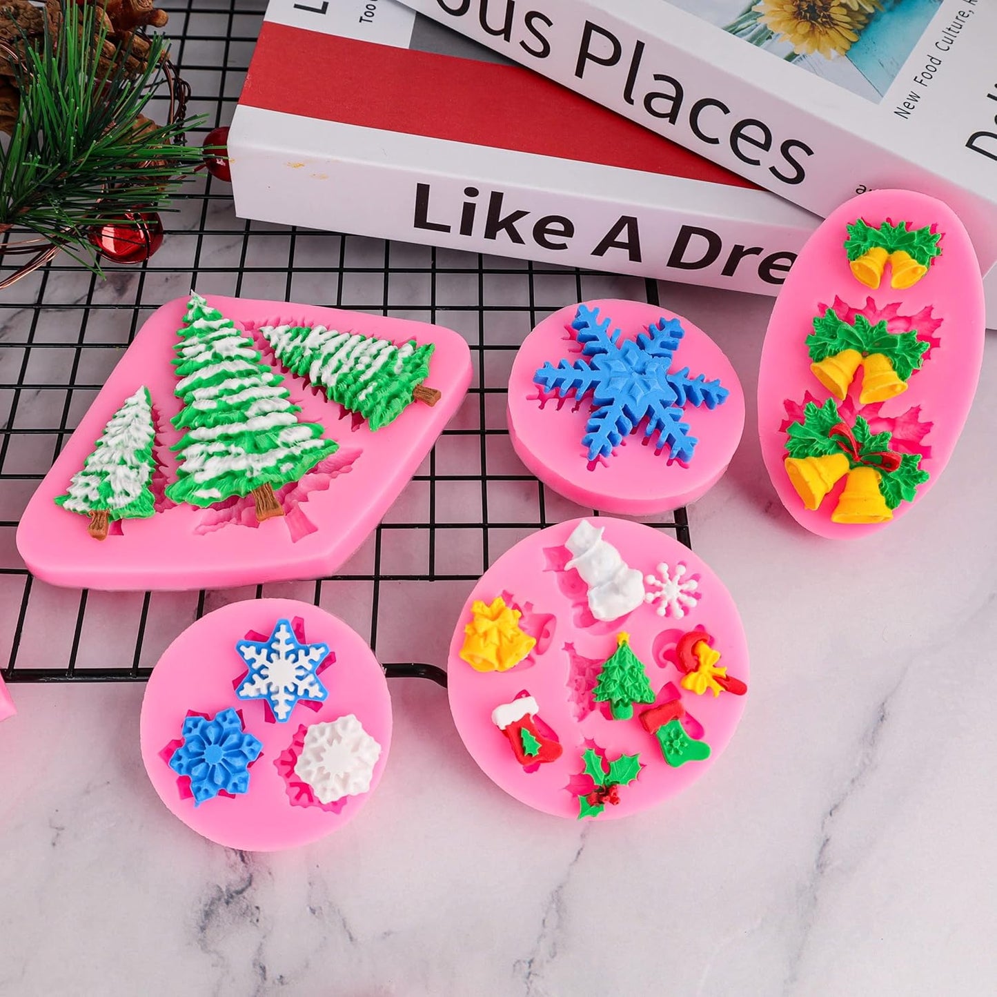 Christmas Silicone Molds Snowflake Molds Mini Xmas Fondant Chocolate Candy Cake Molds Christmas Snowman Tree Snowflake Holly Leaves Santa Claus