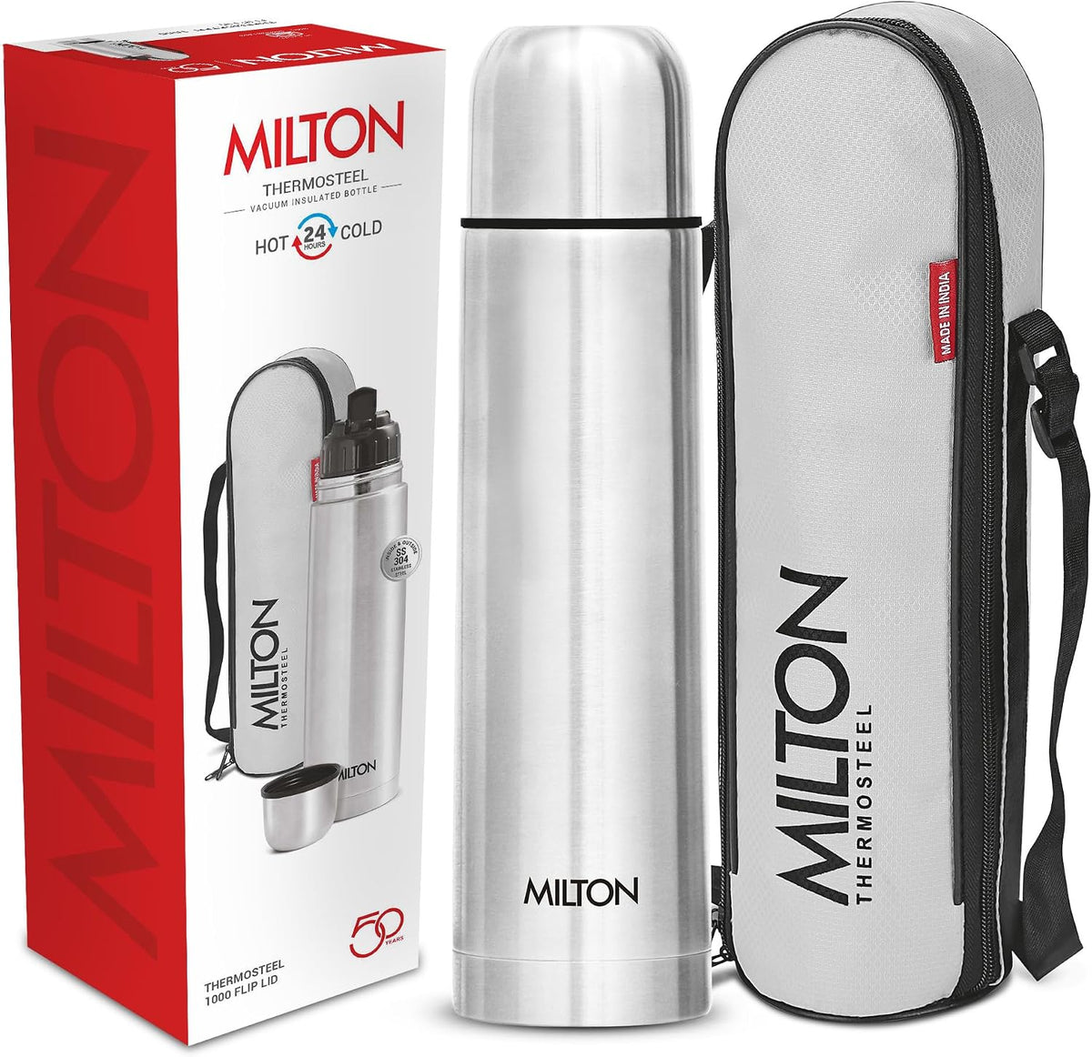 Milton Flask 34 oz Insulated Water Bottle with Cover, Flip Lid, Thermosteel | Stainless Steel, Double Wall Vacuum Insulation, Keeps Drinks Hot &amp; Cold up to 24 Hours, Leak Proof, Silver