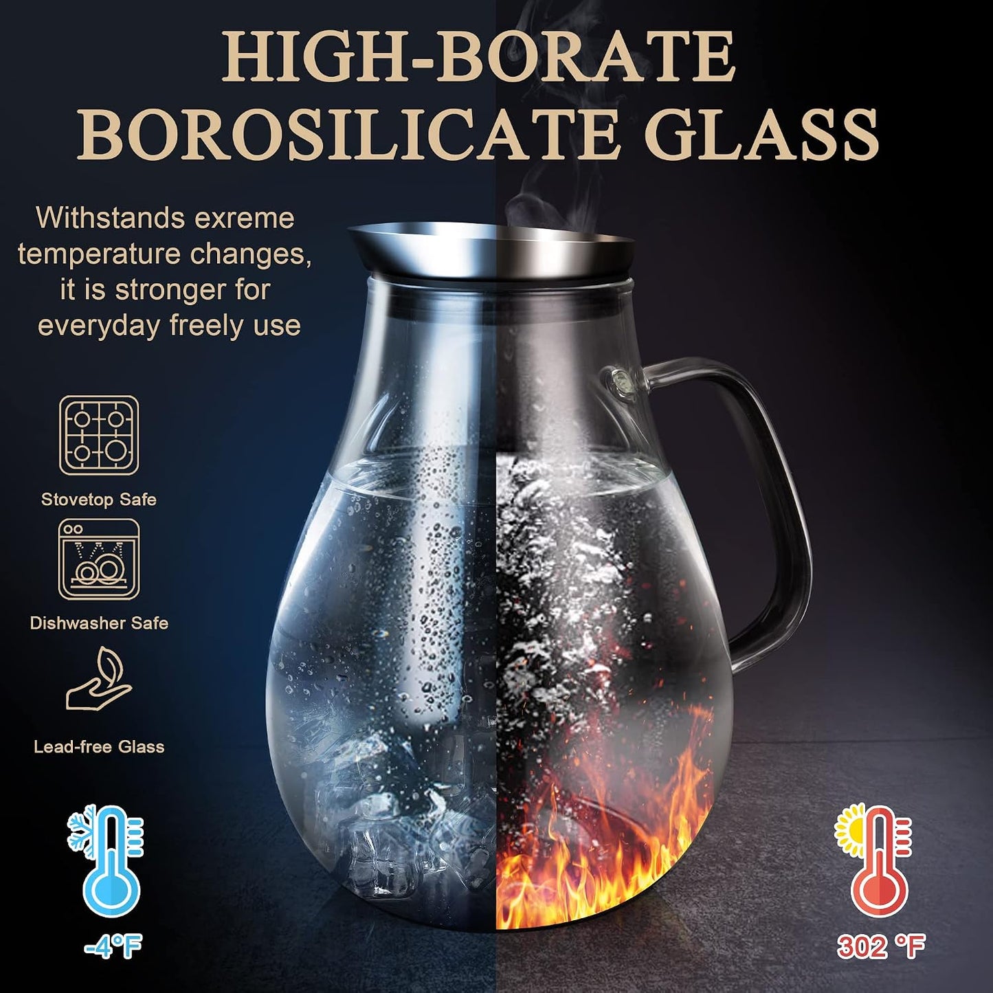 SUSTEAS 2 Liter 68oz Glass Pitcher with Lid and Handle, Removable Lid | Beverage Carafe for Cold/Hot Drink, Water Pitcher for Fridge, Iced Tea, Coffee, Juice, 1 Long-Handled Brush Included