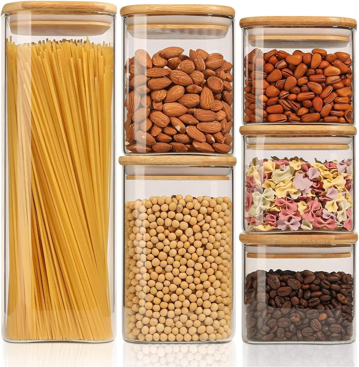 ComSaf Food Storage Containers with Airtight Lids Set of 6, Clear Glass Canister Food Jar with Sealing Lid Kitchen Pantry Storage Container for Spaghetti Pasta Sugar Flour Oat Cereal Beans, Square