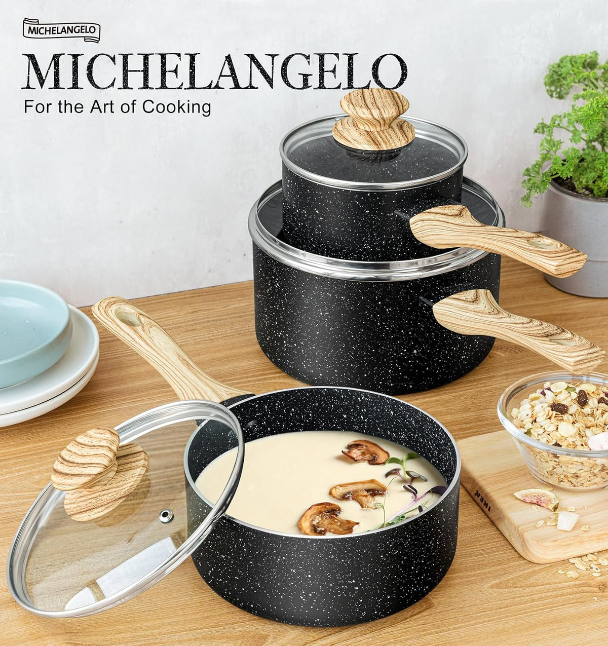 MICHELANGELO Saucepan Set with Lid, Nonstick Sauce Pan with Lid 1QT, 2QT & 3QT, Stone Saucepan Sets, Small Sauce Pot with Lid, Granite Sauce pan 3 Piece, Sauce Pots, Black