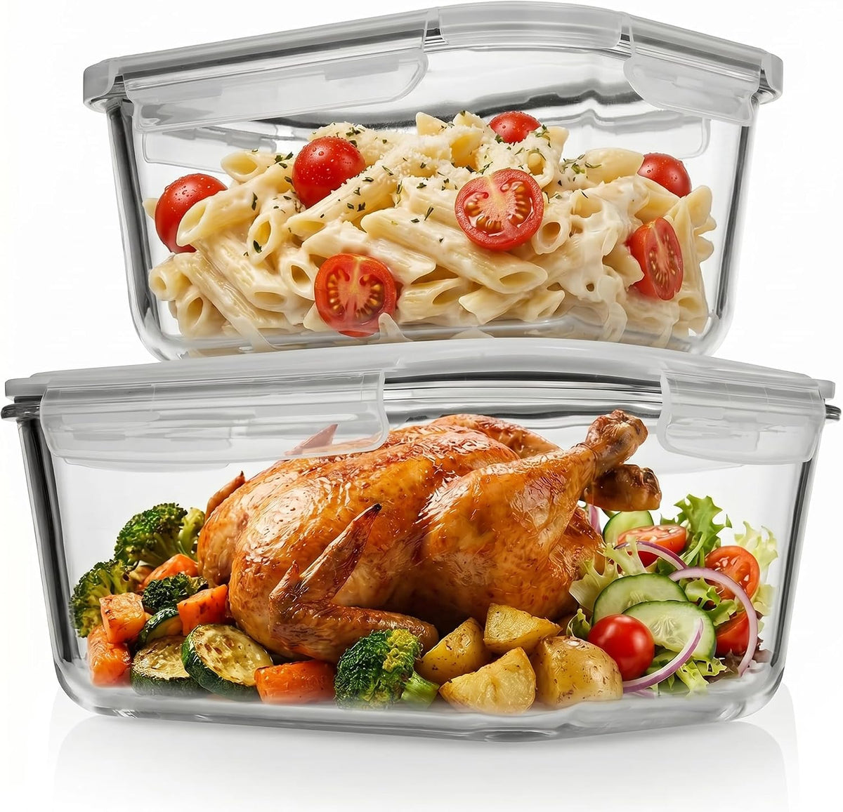Razab 4 Pc (2700ML/ 91 Oz & 1520ML/ 51 Oz) Airtight Large Glass Food Storage Containers with Lids - BPA Free, Leak Proof Meal Prep Containers (2 Containers + 2 Lids) Microwave, Oven & Freezer Safe