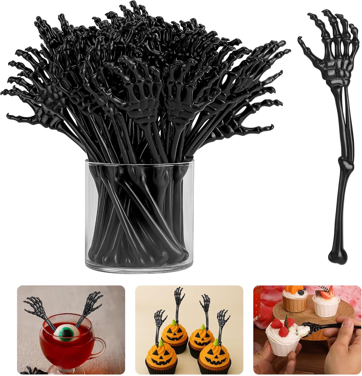 RunNico 60 Pcs 5.9''x1.5'' Halloween Skeleton Cocktail Stirrers, Reusable Skeleton Hand Swizzle Stic