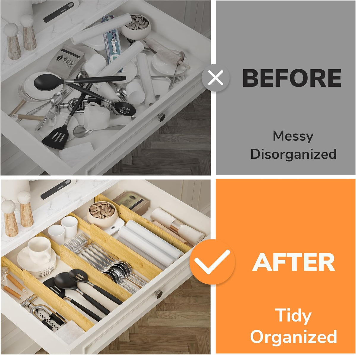 BAMEOS Bamboo Expandable Drawer Dividers – Fits 16.65"–22" Drawers, 3" Deep Walls, Set of 4 | Taller Spring-Loaded Separator Keeps Items Upright in Kitchen &amp; Dresser Drawers