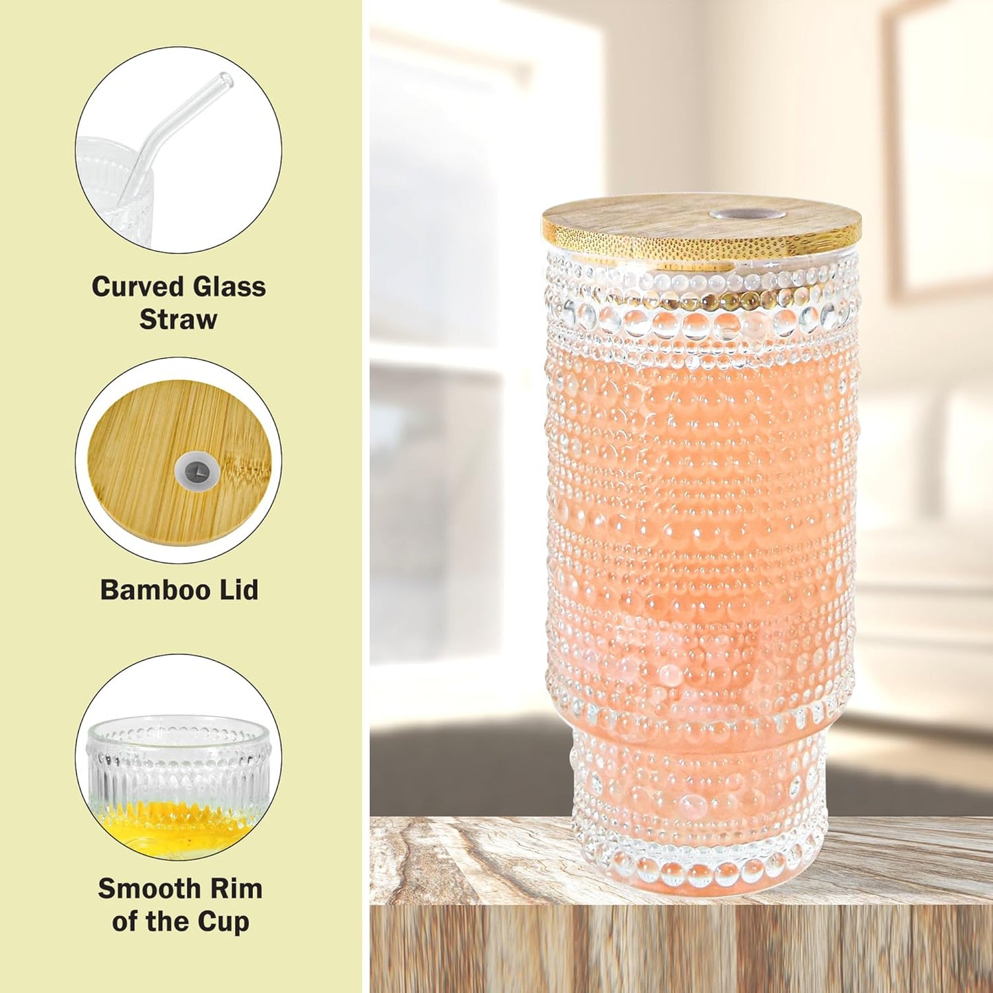 11 oz Drinking Glasses Cups Set of 2 with Bamboo Lids Straws Brush Vintage Small Glassware Set for Mojito Iced Coffee Cocktail Whiskey(Ribbed & Hobnail)
