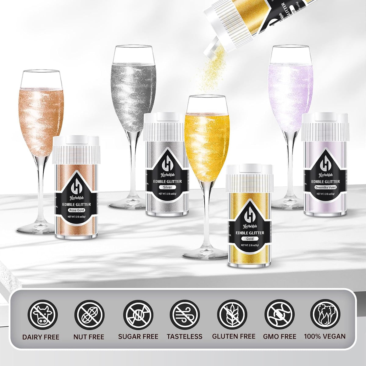 Edible Glitter – 4 Colors Luster Dust Drink Glitter, Food Grade Cocktail Shimmer Powder for Beverages, Cakes, Chocolate &amp; Candy, 5g/Bottle