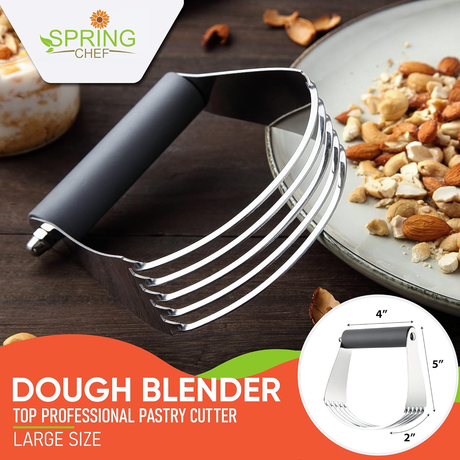 Spring Chef Large Gray Dough Blender For Baking, Heavy Duty Dough Cutter Tool, Stainless Steel Manual Pastry Cutter Tool