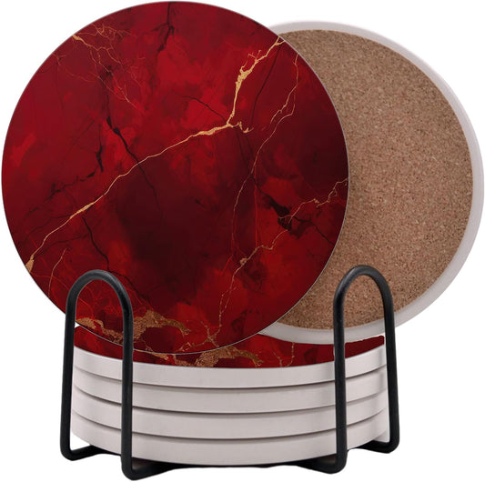 Dark Red Agate Marble Round Coasters Set of 6 - Abosrbent Ceramic Coasters with Metal Stand for Drinks