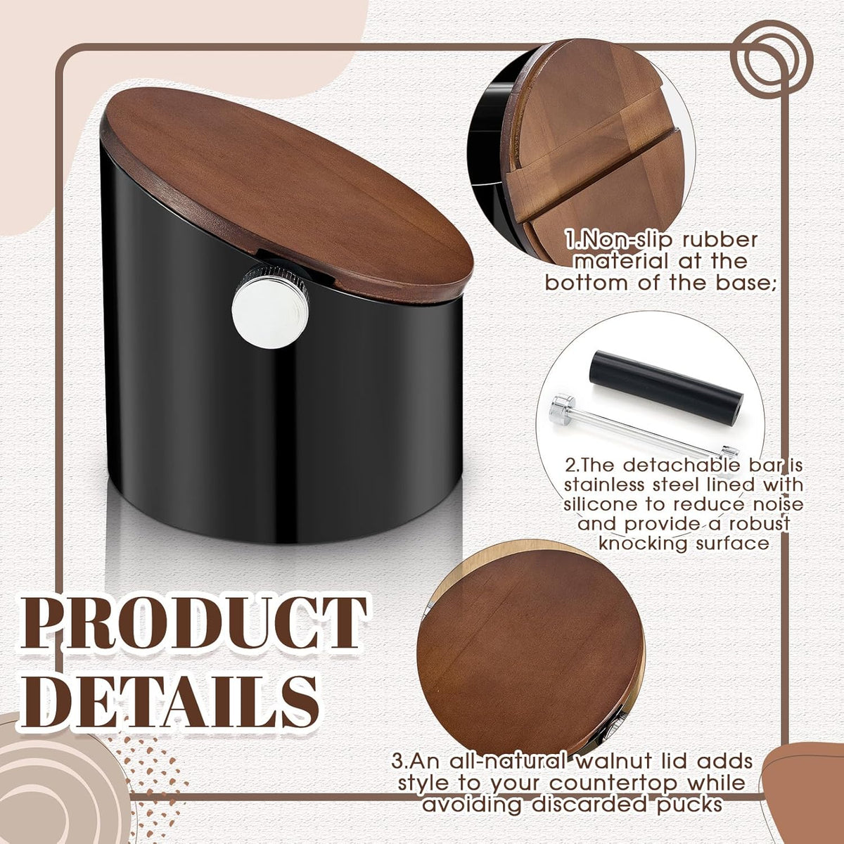 Reallnaive 5.3in Espresso Knock Box with Lid, Black, Round