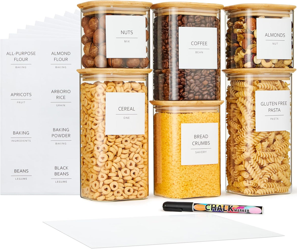 Talented Kitchen Square Glass Food Storage Containers - Airtight & Labeled Glass Kitchen Storage Containers - Space-Saving Stackable Square Pantry Jars - Pack of 6, 24/37/51 fl oz