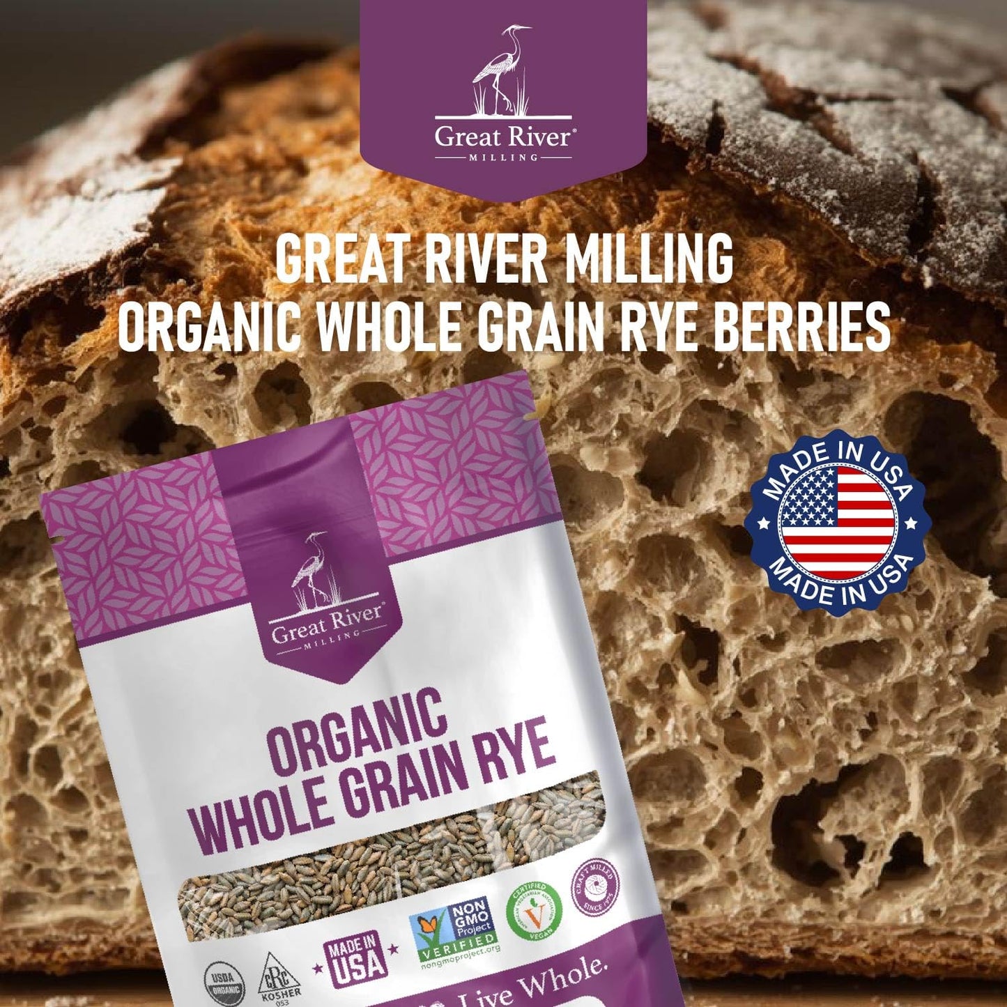 Great River Milling Organic Whole Grain Rye Berries, Non-GMO, 5 lb | Organic Whole Rye Berries for home-milled rye flour, sourdough bread, sprouting, soups, salads and pilaf; chewy cooked grain