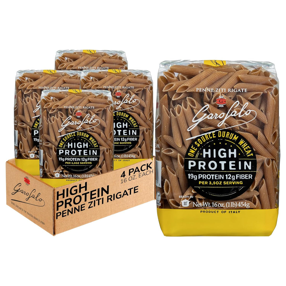 Garofalo - High Protein Penne Rigate Pasta | Premium Durum Wheat Semolina with 19g Protein &amp; 12g Fiber | Italian Made, Bronze-Drawn, PGI Certified (16 oz, 4-Pack)
